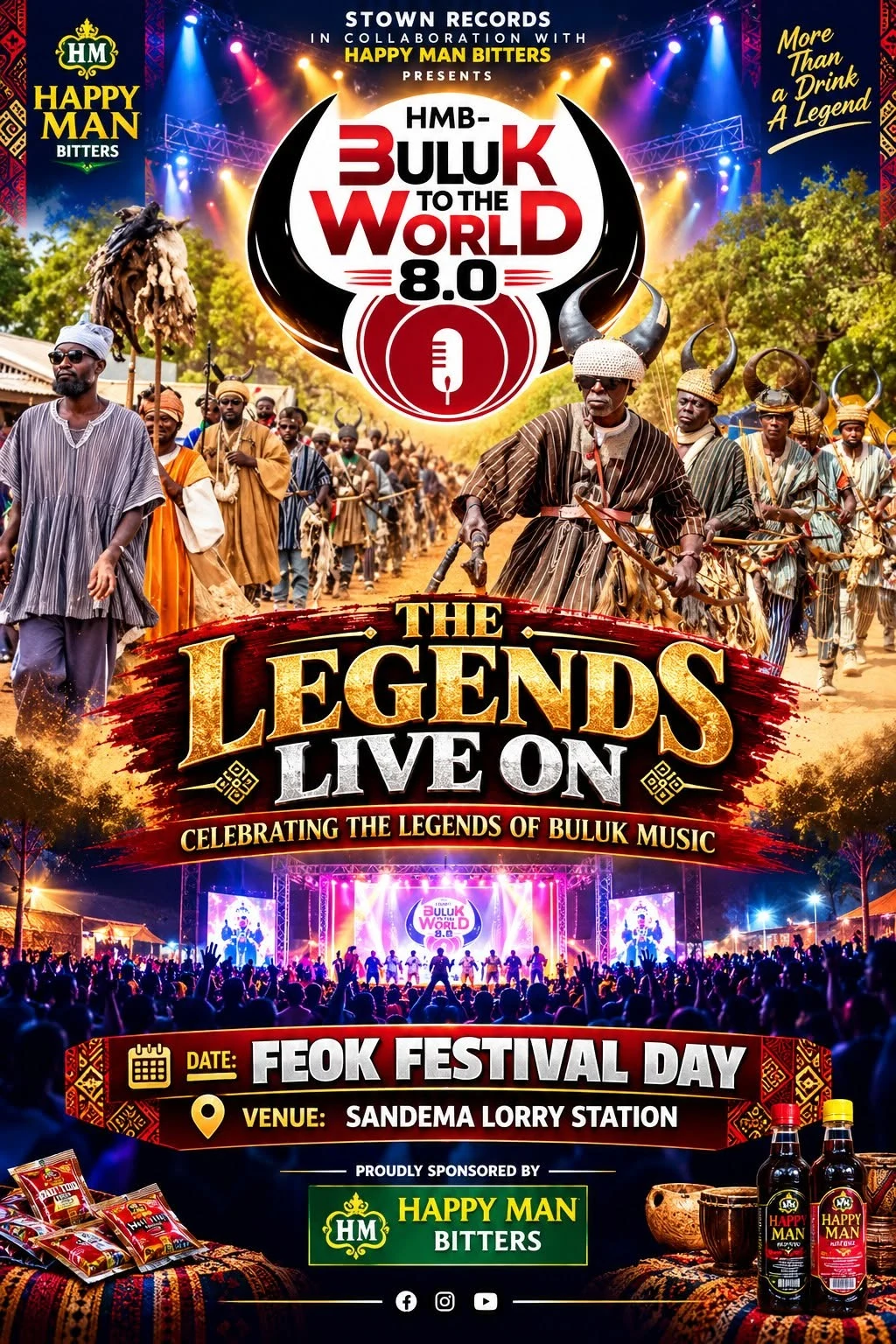 Flyer for HMB–Buluk to the World 8.0, The Legends Live On, showing Builsa war dancers and a concert stage, Feok Festival Day at Sandema Lorry Station