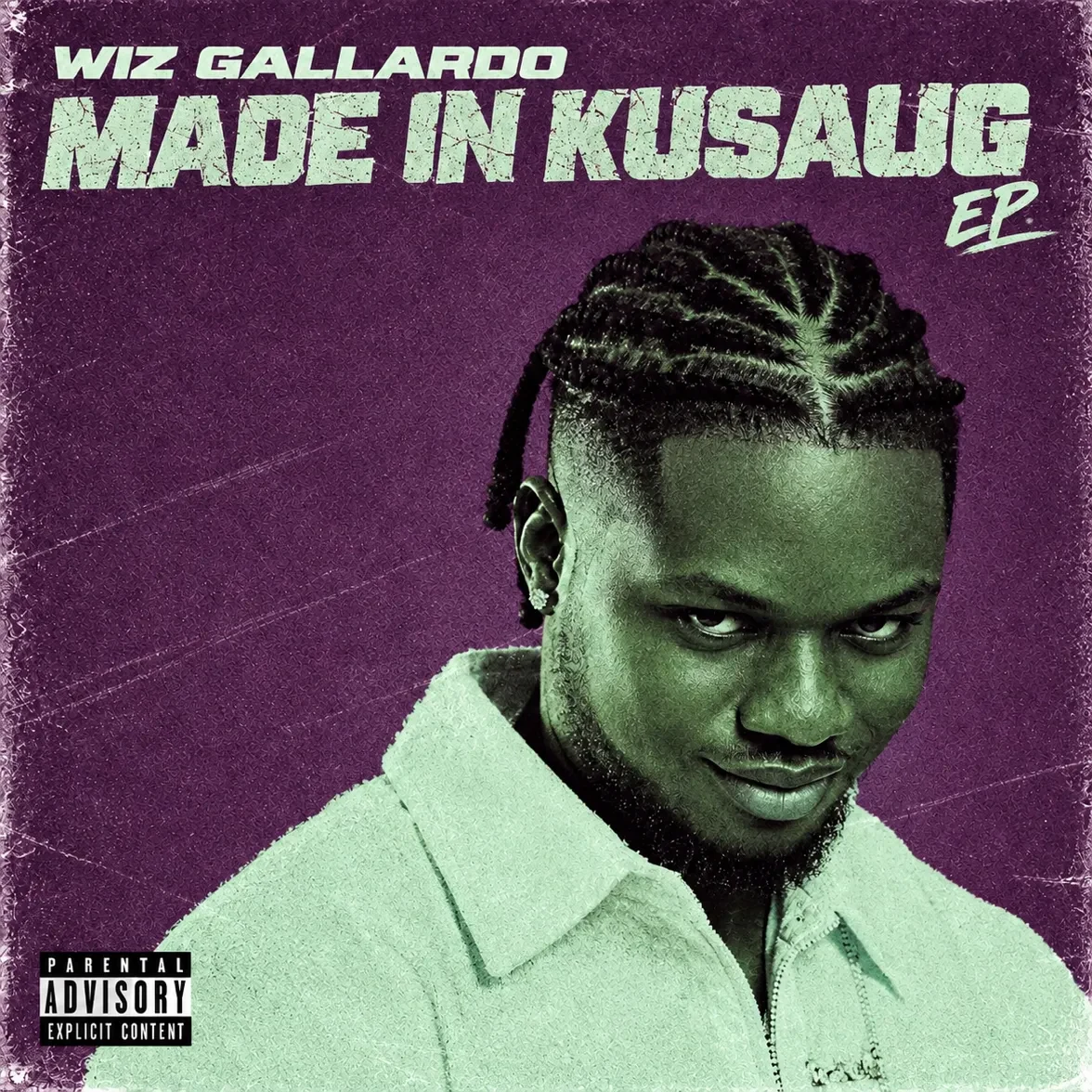 Cover art for the Made in Kusaug EP by Wiz Gallardo, showing the artiste in a pale shirt against a purple background